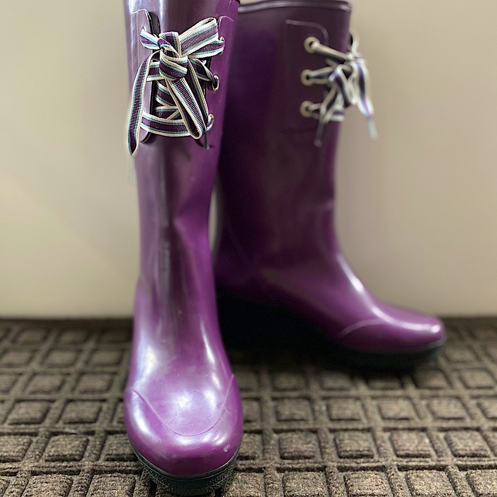 Sperry Purple Tall Lace Up Wedge Rain Boot